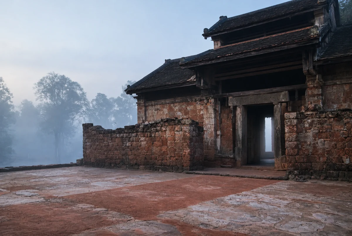 A stone courtyard beside an old building, with a doorway opening onto the morning light