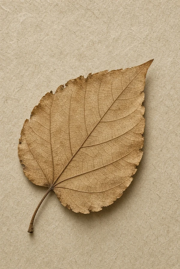 A dried leaf with fine veins resting on textured paper